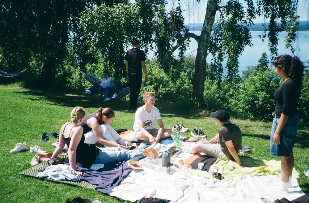 Schüler machen Picknick auf Wiese am Meer
